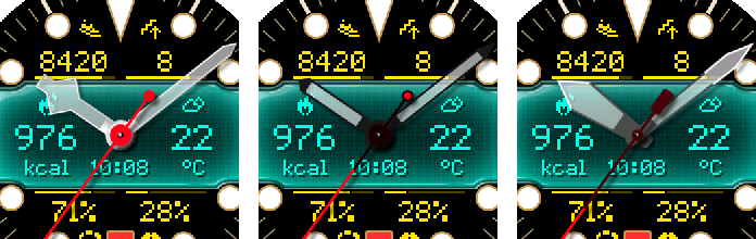 Crosswind hour and minute hands shown in Type 1, Type 2, and Type 3 styles