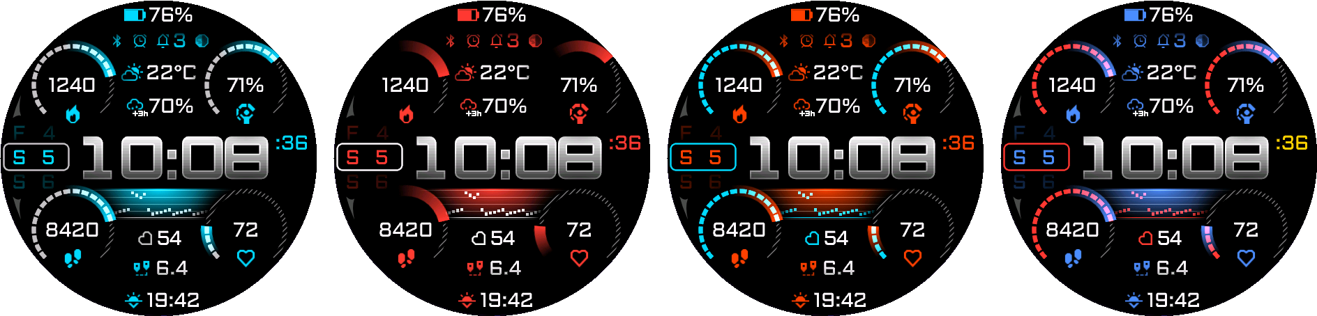 Cyan and silver, red and white, orange and cyan, and blue and red color combinations