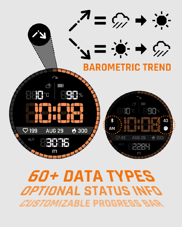 Vertical Segment — Data fields, side information, barometric trend, and progress.