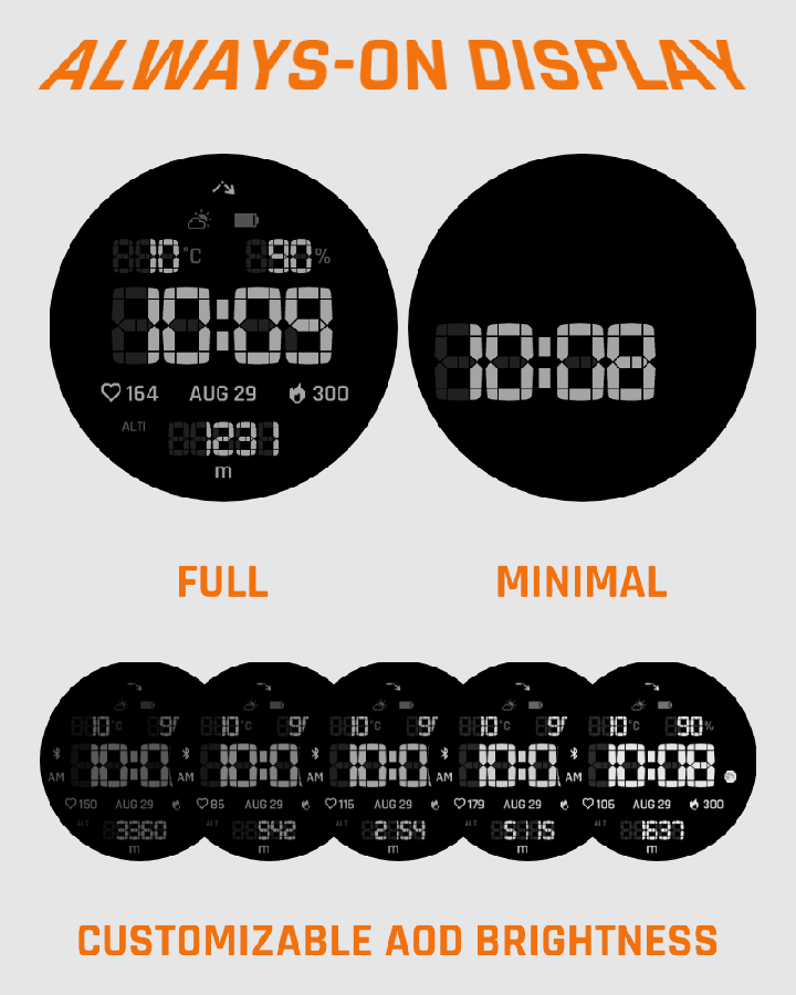 Vertical Segment — Full and Minimal AOD with five brightness levels.